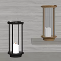Black And Brass Candle Lamps With White Candles On Gray Shelf Against Gray Wall