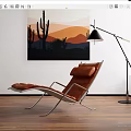 Leather Chaise Lounge with Metal Frame near Floor Lamp and Cactus Artwork on Wooden Floor