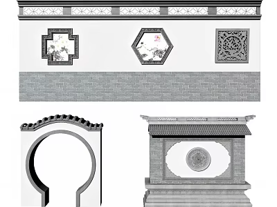 Traditional Chinese Building Exterior Wall With Carvings Circular Archway And Gray Bricks 3d model