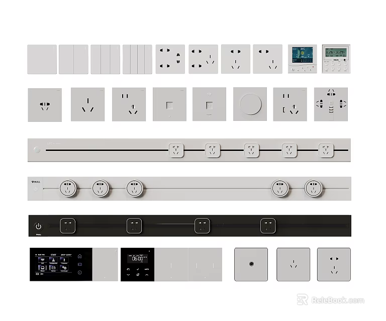 Modern White And Black Switch Panels With Various Sockets Switches And Digital 3d model 