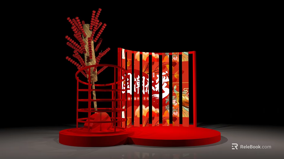 Red Decorative Installation With Screen Ladder And Lantern Like Decorations On Platform 3d model