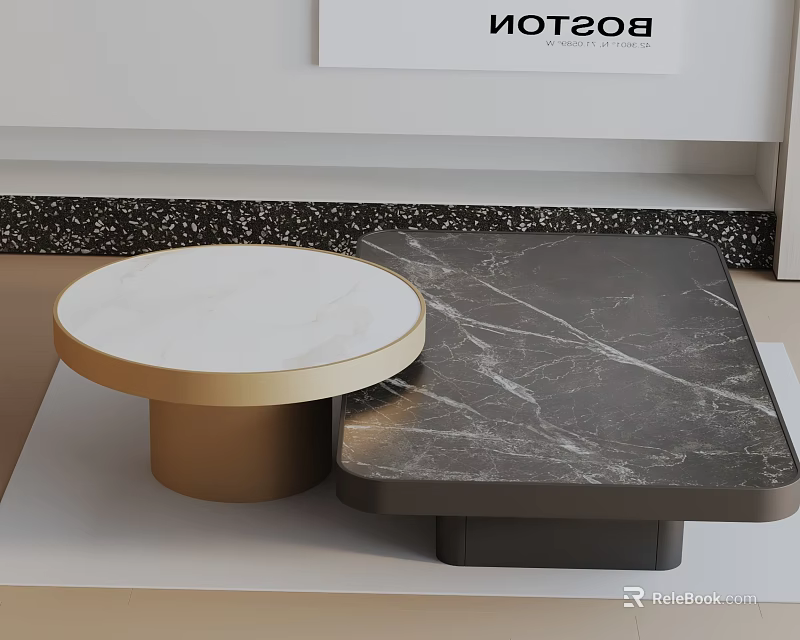 Modern Coffee Table Set With Round White And Rectangular Black Marble Tops Gold Black Bases 3d model 