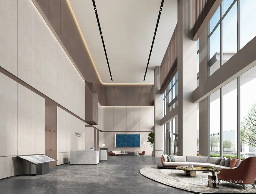 Modern Service Hall Interior With Spacious Space And Large Windows 3d model