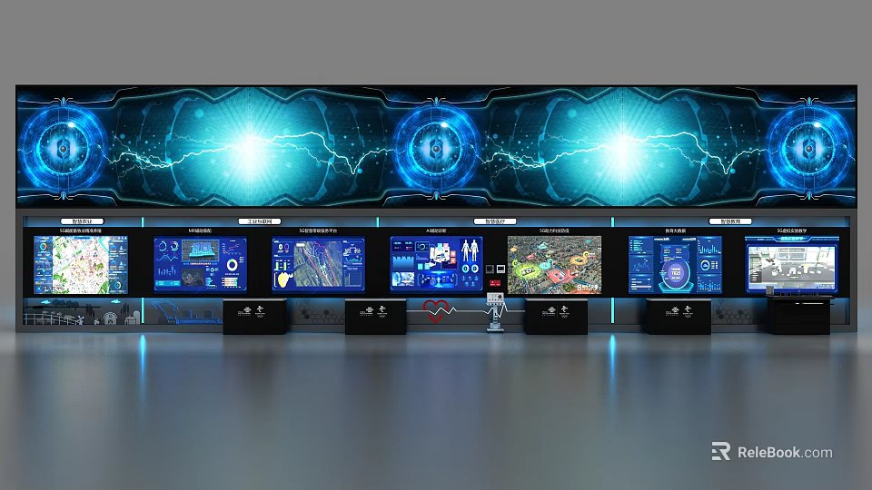 Tech Control Room Background Wall with Multiple Screens Blue Glowing Effects And Futuristic Data Interfaces 3d model
