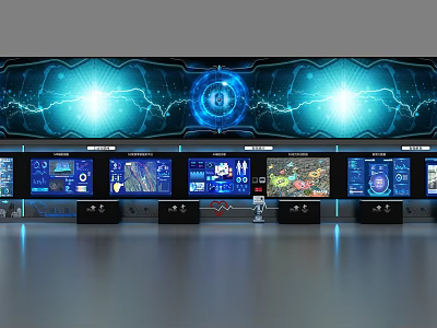 Tech Control Room Background Wall with Multiple Screens Blue Glowing Effects And Futuristic Data Interfaces 3d model