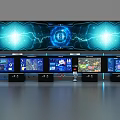 Tech Control Room Background Wall with Multiple Screens Blue Glowing Effects And Futuristic Data Interfaces 3d model