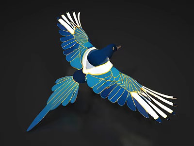 Colorful Flying Bird With Blue White Golden Spread Wings In Flight 3d model
