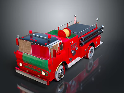 Vibrant Red Fire Truck Model With Ladder Hose And Green Accents 3d model