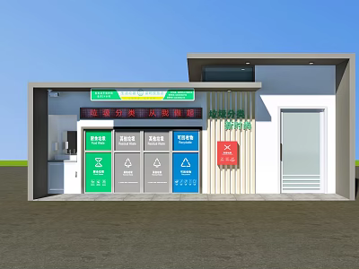 Outdoor Waste Sorting Recycling Station With Colored Bins And Clear Signage 3d model
