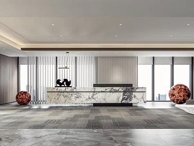 Modern Reception Desk Design With Marble Surface Large Windows And Decorative Sculptures 3d model