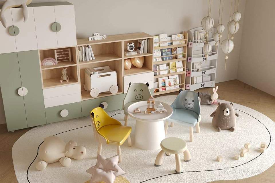 Vibrant Kids Room Interior With Round Table Colorful Chairs Plush Toys And Hanging Lights 3d model 