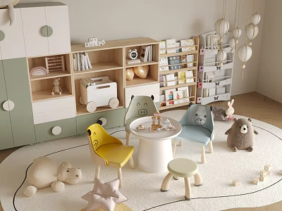 Vibrant Kids Room Interior With Round Table Colorful Chairs Plush Toys And Hanging Lights 3d model