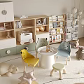 Vibrant Kids Room Interior With Round Table Colorful Chairs Plush Toys And Hanging Lights