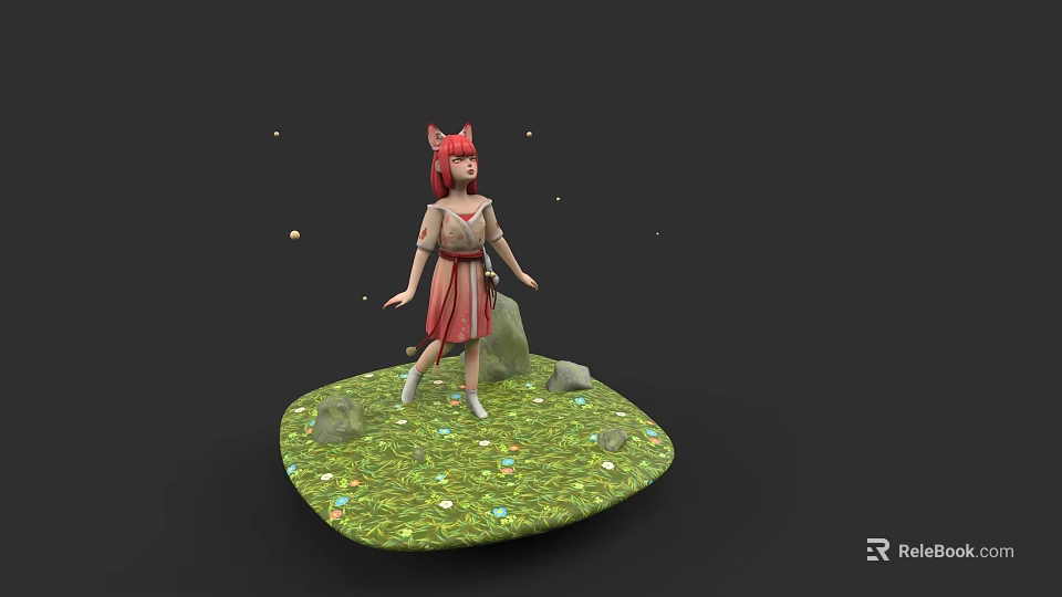 Woman with red hair cat ears standing on green grassy platform with stones glowing particles 3d model 