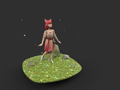 Woman with red hair cat ears standing on green grassy platform with stones glowing particles 3d model