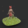 Woman with red hair cat ears standing on green grassy platform with stones glowing particles