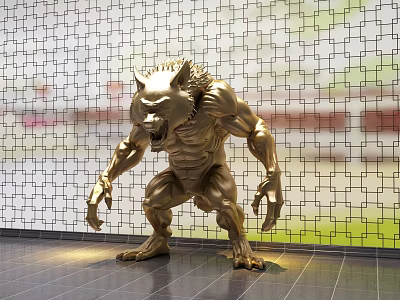 Golden Wolf Shaped Metal Sculpture in Dynamic Standing Pose for Indoor 3d model