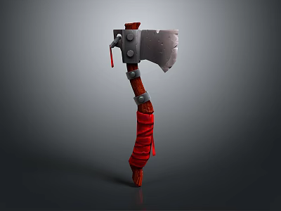 Medieval Battle Axe Weapon With Metal Head Wooden Handle And Red Cloth Wrapping 3d model