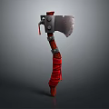 Medieval Battle Axe Weapon With Metal Head Wooden Handle And Red Cloth Wrapping