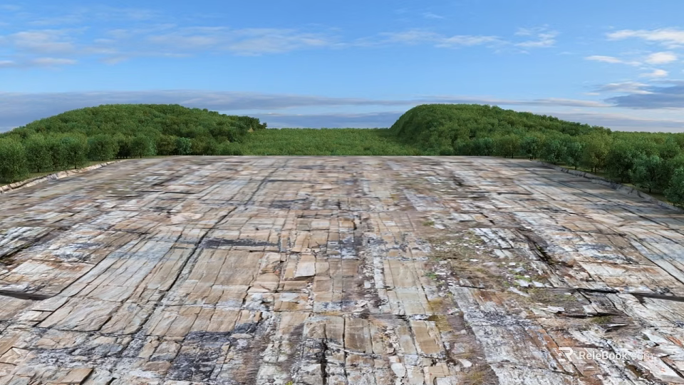 Construction Site Featuring Weathered Concrete Slabs Cracks Green Vegetation Low Hills Under Blue Sky 3d model 