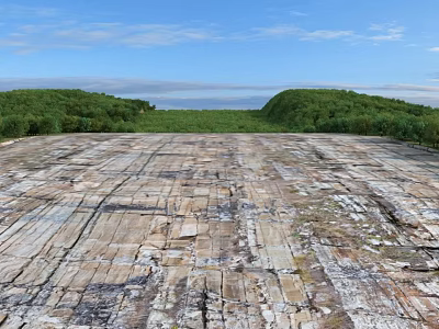 Construction Site Featuring Weathered Concrete Slabs Cracks Green Vegetation Low Hills Under Blue Sky 3d model