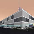 Modern Multi Story Industrial Factory Building Exterior With Large Glass Windows And Roadside Trees