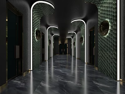 Modern KTV Corridor Design With Illuminated Arches Textured Walls And Polished Marble Floor 3d model