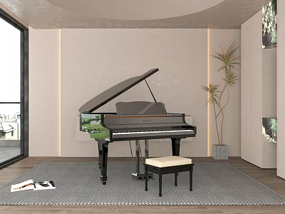 Modern Interior Featuring Black Grand Piano Musical Instruments And Art Supplies With Papers Brushes 3d model