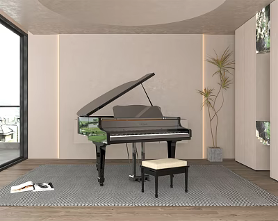Modern Interior Featuring Black Grand Piano Musical Instruments And Art Supplies With Papers Brushes 3d model