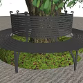 Circular Tree Pit With Black Metal Bench Surrounding Trunk And Green Vegetation On Paved Ground
