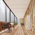 Cozy Hotel Chess Room With Wooden Floor Tables Chairs Green Plants And Misty Forest View
