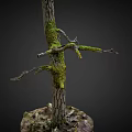 Natural Tree Trunk Covered With Green Moss And Small Branches With Fallen Leaves Base