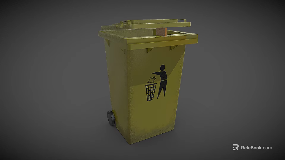 Yellow Outdoor Public Trash Can Facility With Wheels And Human Figure Icon 3d model 