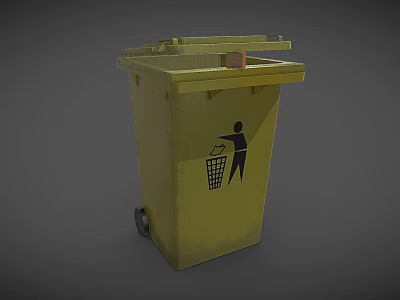 Yellow Outdoor Public Trash Can Facility With Wheels And Human Figure Icon 3d model