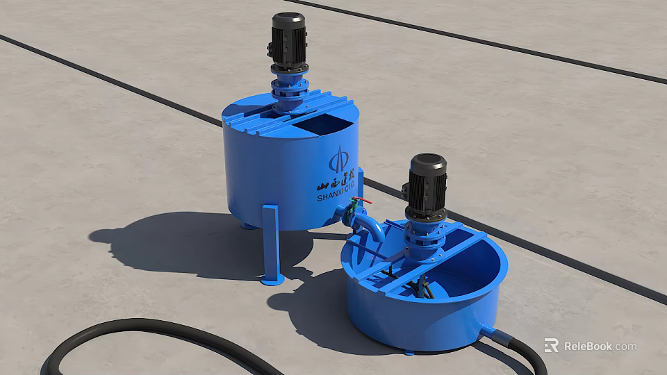 Blue Industrial Mixing Tanks With Electric Motors And Stands Shuangyu Brand Equipment Featuring Connecting Hoses 3d model 