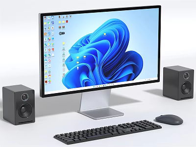 Modern Desktop Computer Setup With Monitor Blue Screen Speakers Keyboard And Mouse 3d model
