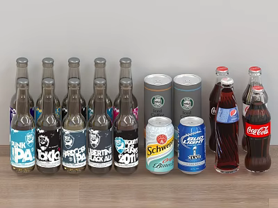 Assorted Bottled And Canned Beverages Including Beer Bottles Schweppes Coca Cola Pepsi 3d model