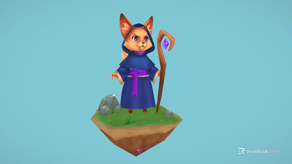 Cute Fantasy Fox Mage Character In Blue Robe With Staff On Floating Island 3d model 
