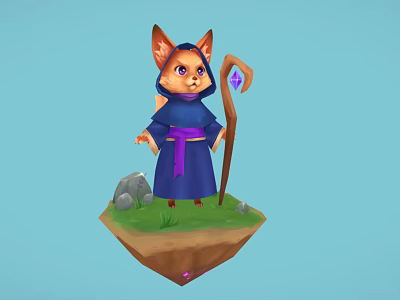 Cute Fantasy Fox Mage Character In Blue Robe With Staff On Floating Island 3d model