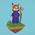 Cute Fantasy Fox Mage Character In Blue Robe With Staff On Floating Island