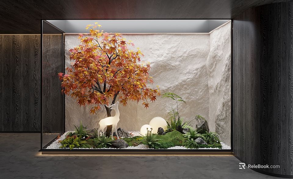 Glass Enclosed Indoor Landscape Featuring Red Yellow Leaf Tree White Deer And Stone Wall Background 3d model 
