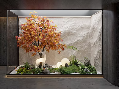 Glass Enclosed Indoor Landscape Featuring Red Yellow Leaf Tree White Deer And Stone Wall Background 3d model