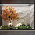 Glass Enclosed Indoor Landscape Featuring Red Yellow Leaf Tree White Deer And Stone Wall Background