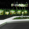 Modern Indoor Exhibition Space With Green Laser Beams White Platform Green Plants And Deer Models