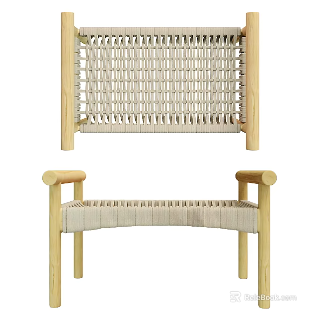 Natural Wooden Stools With Woven Seat And Armrest Design For Minimalist Spaces 3d model 