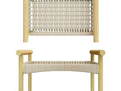 Natural Wooden Stools With Woven Seat And Armrest Design For Minimalist Spaces 3d model