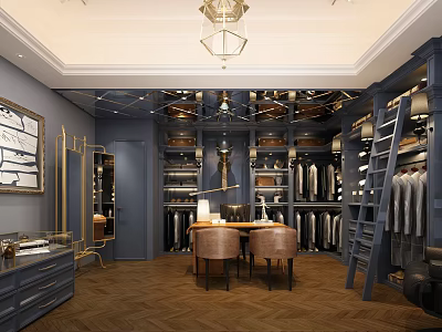 Elegant Navy Blue Clothing Store Interior With Gold Accents Clothing Racks And Storage Cabinets 3d model