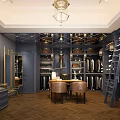 Elegant Navy Blue Clothing Store Interior With Gold Accents Clothing Racks And Storage Cabinets
