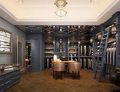Elegant Navy Blue Clothing Store Interior With Gold Accents Clothing Racks And Storage Cabinets 3d model