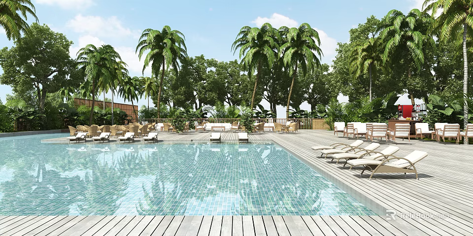 Serene Tropical Resort Pool Area With Palm Trees Lounge Chairs And Wooden Deck 3d model 